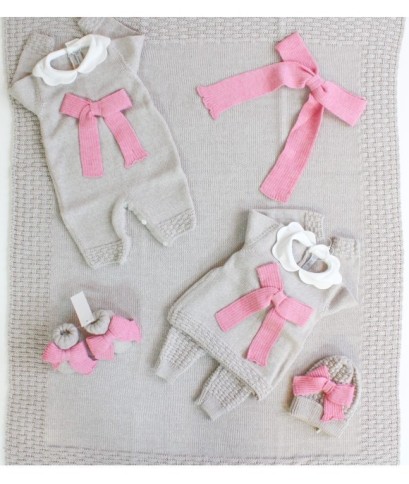 Set Fiocco Rigato Lana Per Neonata - Tutina §605