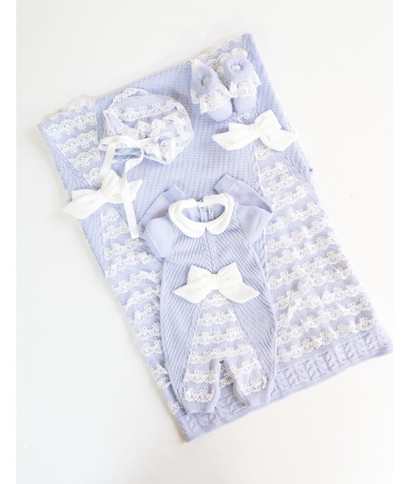 Set Battesimo Pizzo E Fiocco Lana - Tutina §623