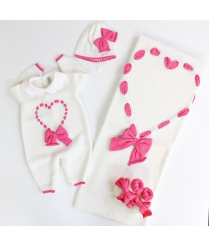 Set Fettuccia Cuore e Fiocco Lana Per Neonata - Tutina §662