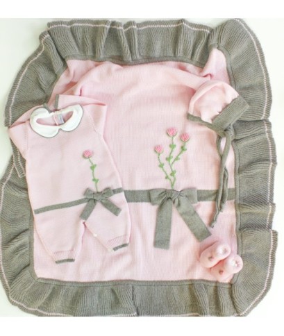 Set Fiocchetto Con Rose Lana Per Neonata - Tutina §701