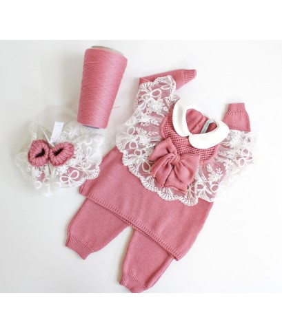 Serie Battesimo Pizzo Cuore Lana - Coprifasce Con Scarpette §803