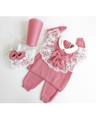 Serie Battesimo Pizzo Cuore Lana - Coprifasce Con Scarpette §803