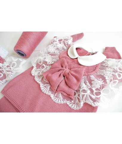 Serie Battesimo Pizzo Cuore Lana - Coprifasce Con Scarpette §803