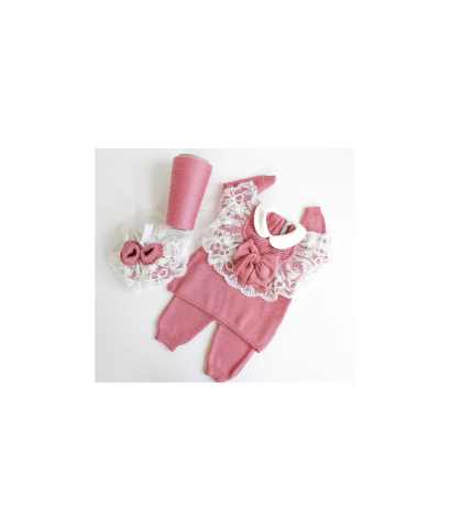 Serie Battesimo Pizzo Cuore Lana - Coprifasce Con Scarpette §803