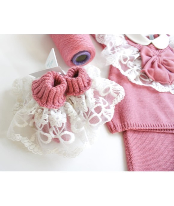 Set Battesimo Pizzo Cuore Lana - Coprifasce Con Mantella §805