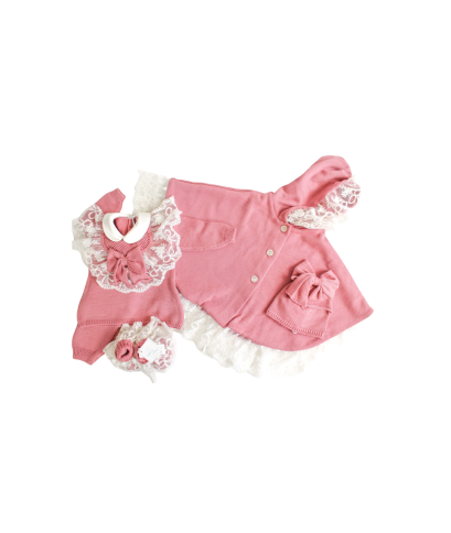 Set Battesimo Pizzo Cuore Lana - Coprifasce Con Mantella §805