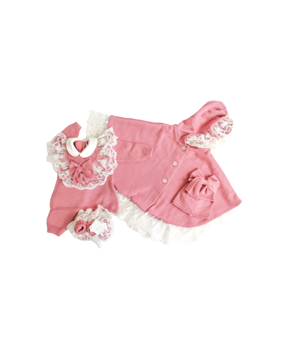 Set Battesimo Pizzo Cuore Lana - Coprifasce Con Mantella §805