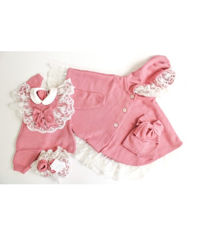 Set Battesimo Pizzo Cuore Lana - Coprifasce Con Mantella §805