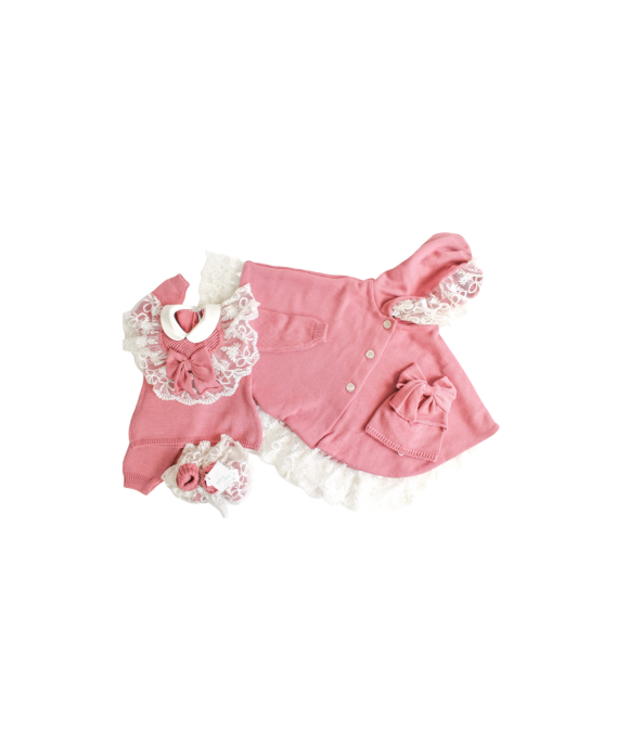 Set Battesimo Pizzo Cuore Lana - Coprifasce Con Mantella §805