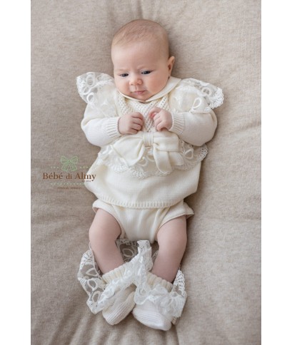 New Wool Lace Christening Set for Baby Girl - Layette with Culottes §821