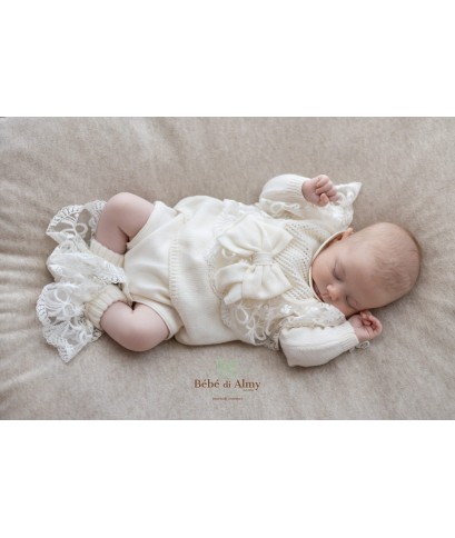 Serie Battesimo Pizzo Nuovo Lana - Coprifasce Con Scarpette + Cappellino §822