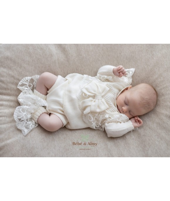 Serie Battesimo Pizzo Nuovo Lana - Coprifasce Con Scarpette + Cappellino §822