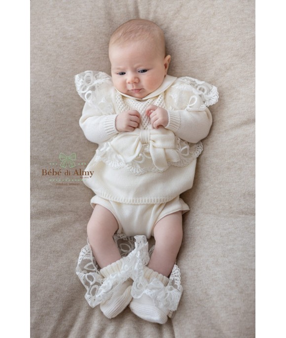 Baptism Series New Wool Lace - 2 Pcs Headband Cover with Shoes + Hat §822