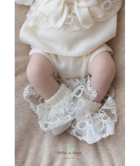 Serie Battesimo Pizzo Nuovo Lana - Coprifasce Con Scarpette + Cappellino §822