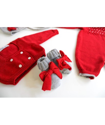 Set Punto Smock Lana Per Neonata - Coprifasce Con Cuffia + Scarpette §1008