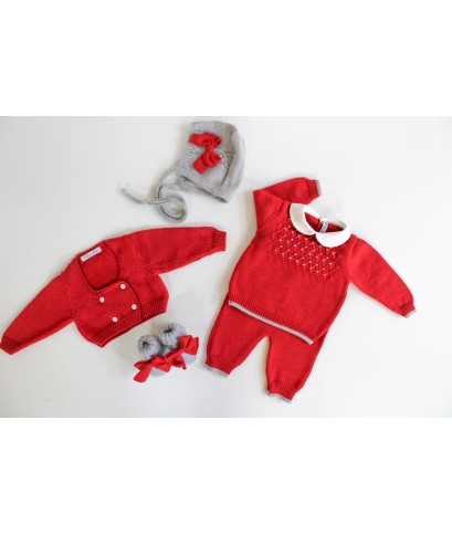 Set Punto Smock Lana Per Neonata - Coprifasce Con Cuffia + Scarpette §1008