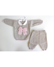 Completo 2 Pezzi Maglia Inglese Con Fiocco Rosa Lana §47